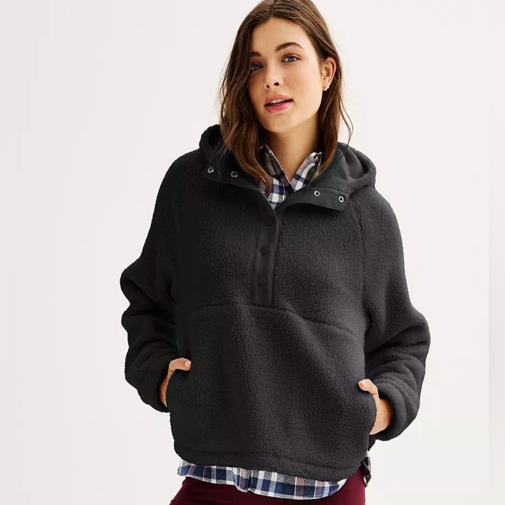 NWT Juniors' SO® High Pile Hooded Snap Tunic Pullover Jacket